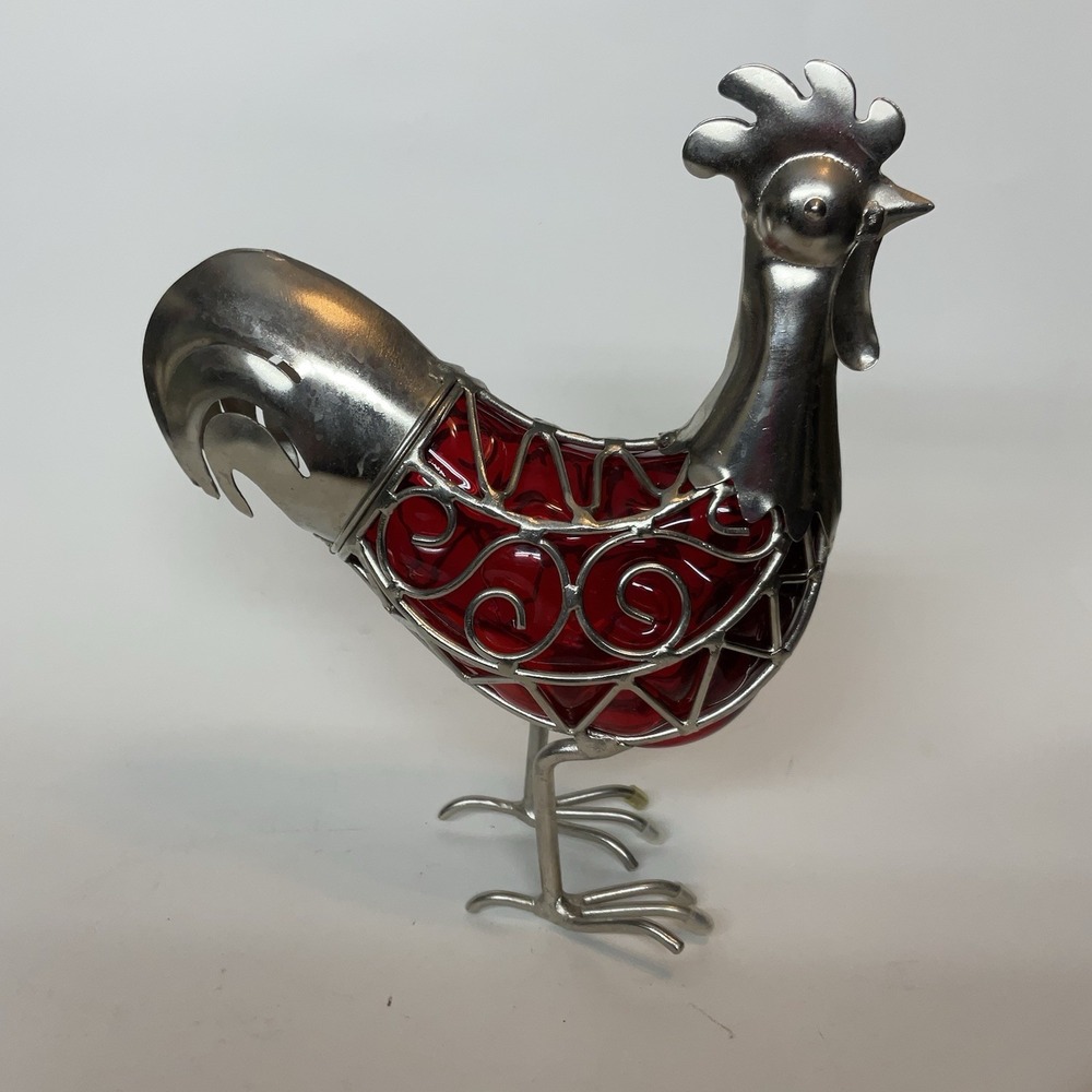Vintage Country ROOSTER Metal & Ruby Red Glass Chicken Sculpture Art Decor CUTE!